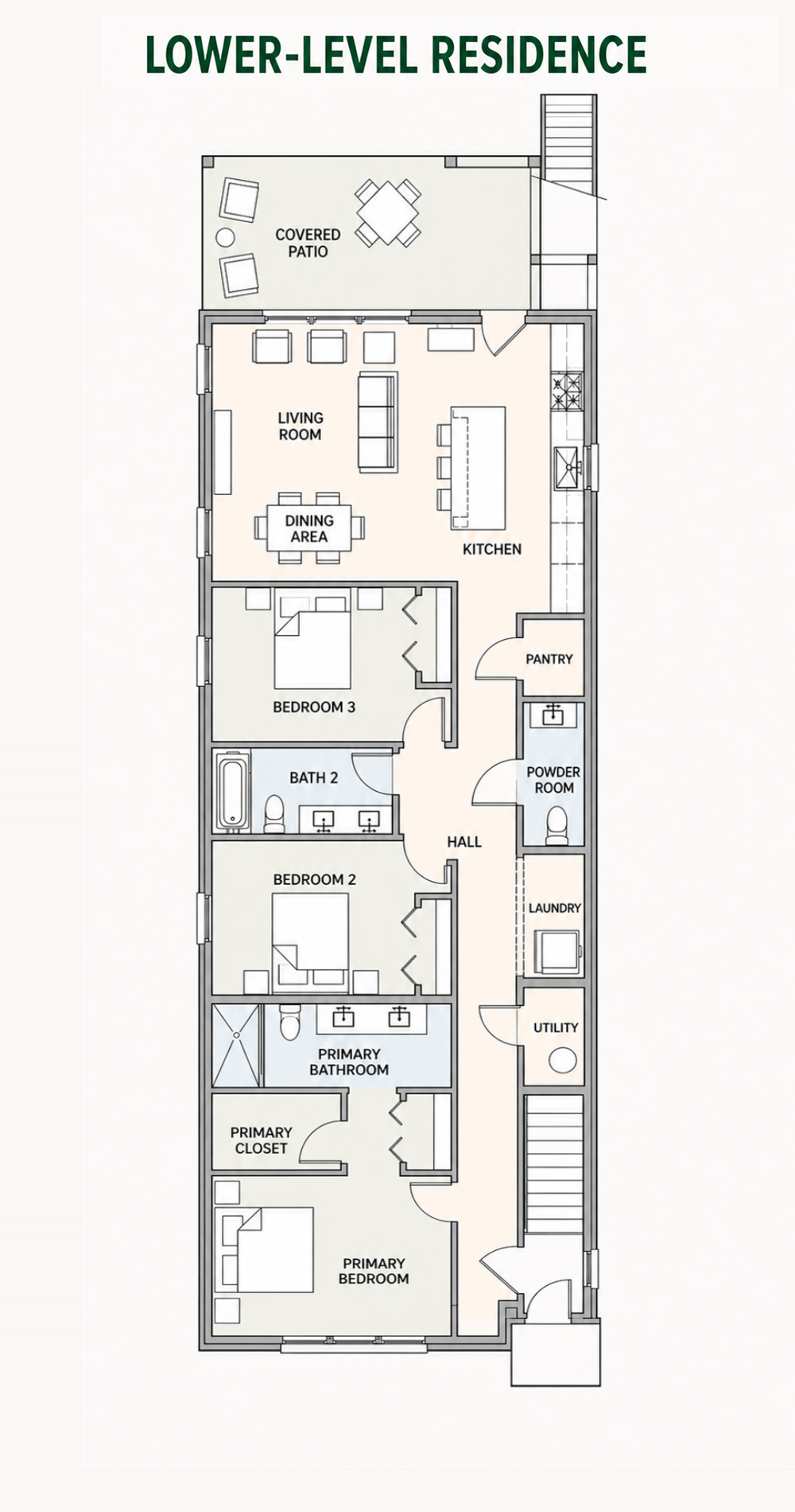Lower-level three-bedroom residence floor plan at West Street Homes in Naperville